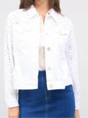White Embroidered Eyelet Sleeve Dash Denim Jacket